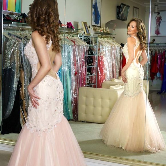 Sherri Hill evening gown 50290 blush mermaid, open back NWT - Picture 2 of 5